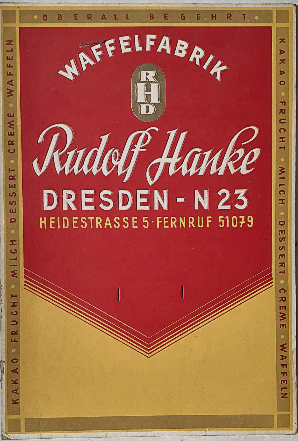 Waffelfabrik Rudolf Hanke Pappschild - alte Originale