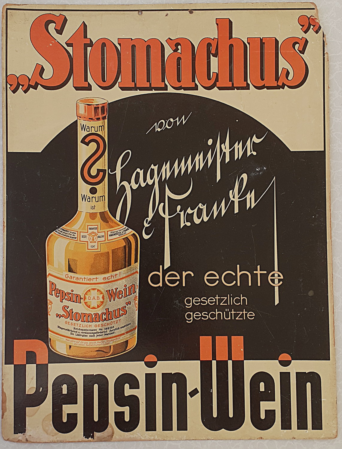 Stomachus Pepsin-Wein Pappschild - alte Originale
