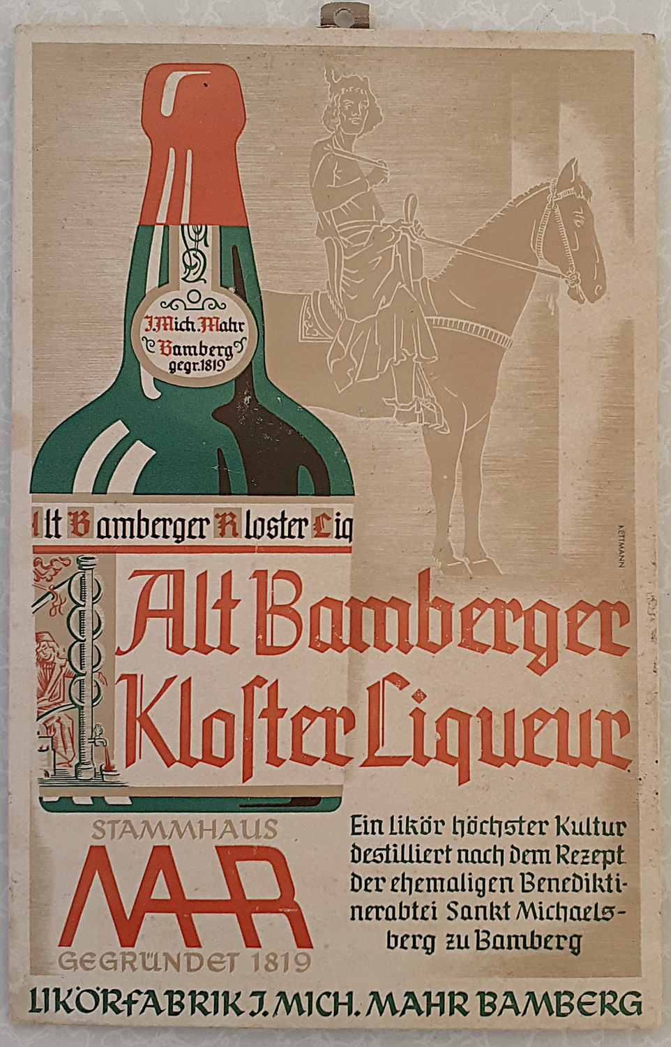 Alt Bamberger Kloster Liqueur Pappschild - alte Originale