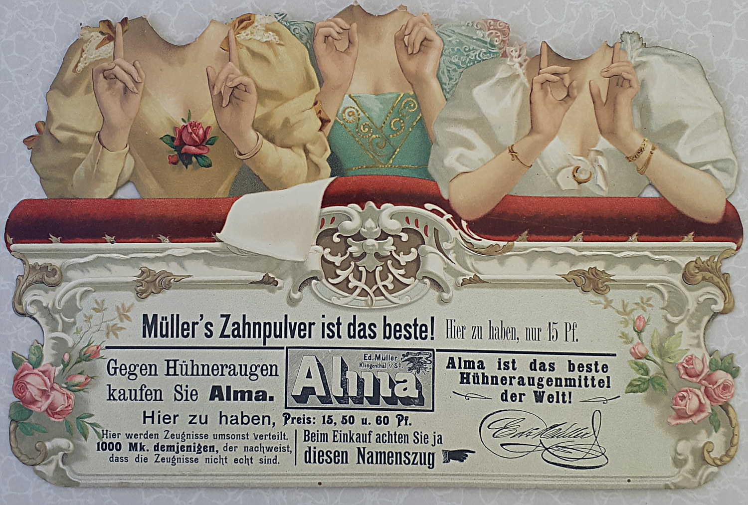 M&uuml;ller's Zahnpulver - Alma Pappschild - alte Originale