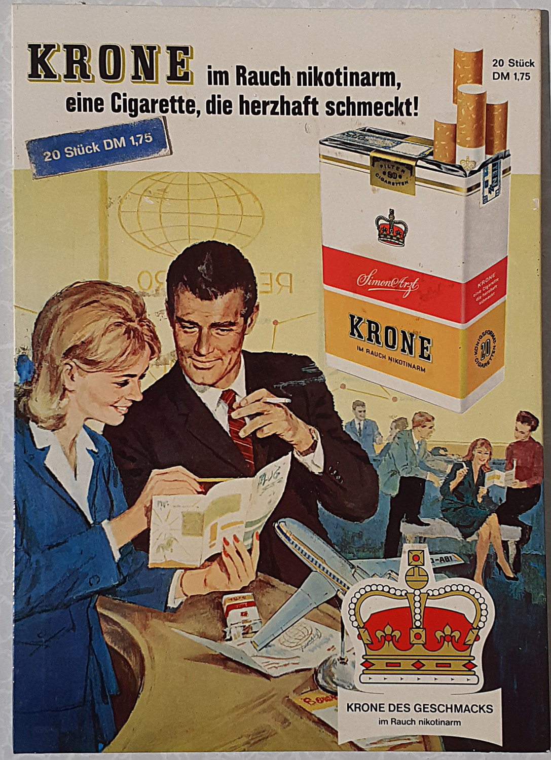 Krone - im Rauch nikotinarm Pappschild - alte Originale
