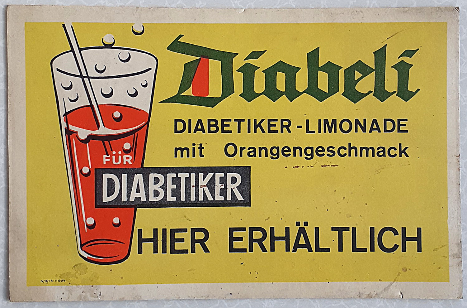 Diabeli Diabetiker Limonade Pappschild - alte Originale