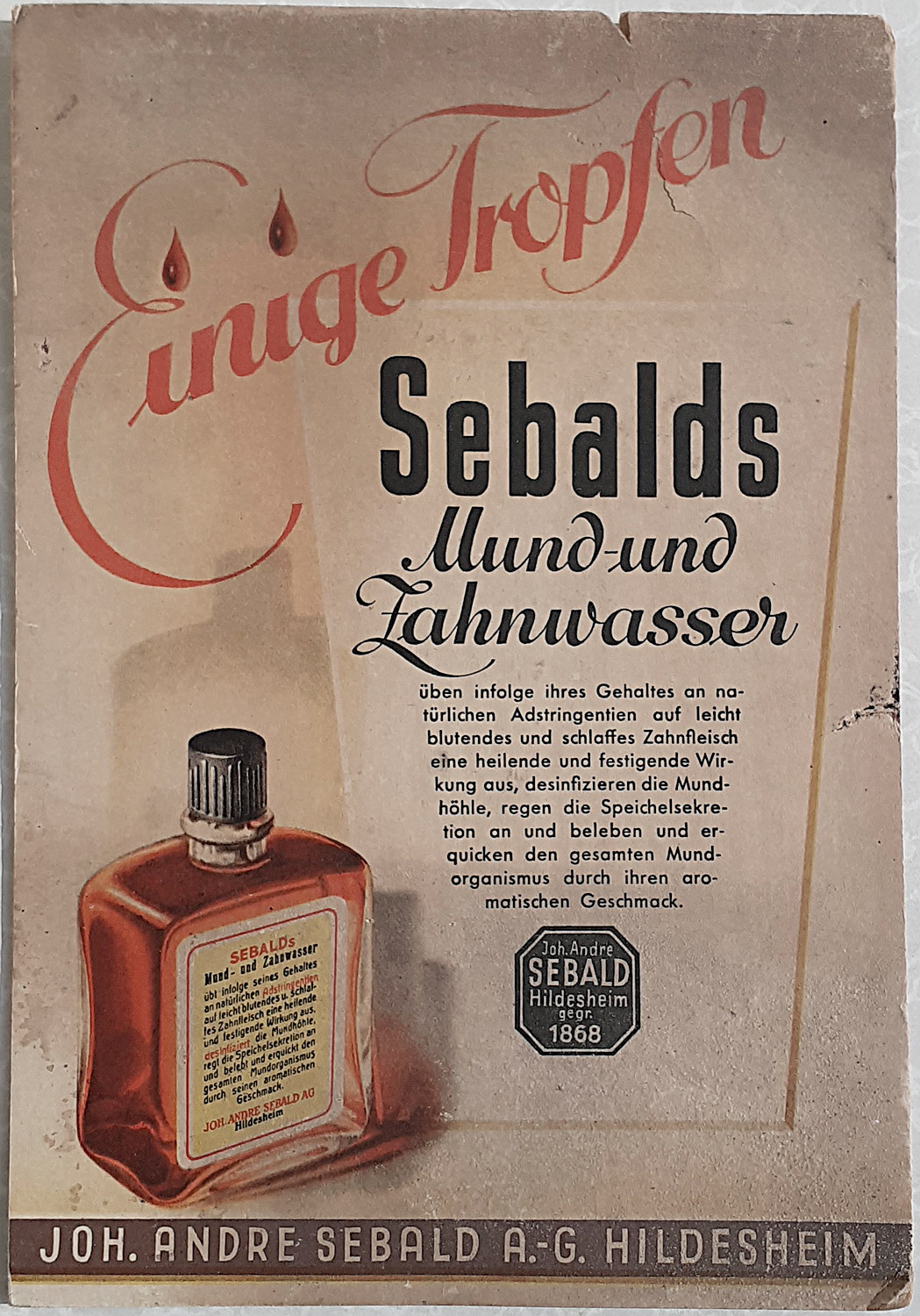 Sebalds Mund und Zahnwasser Pappschild - alte Originale