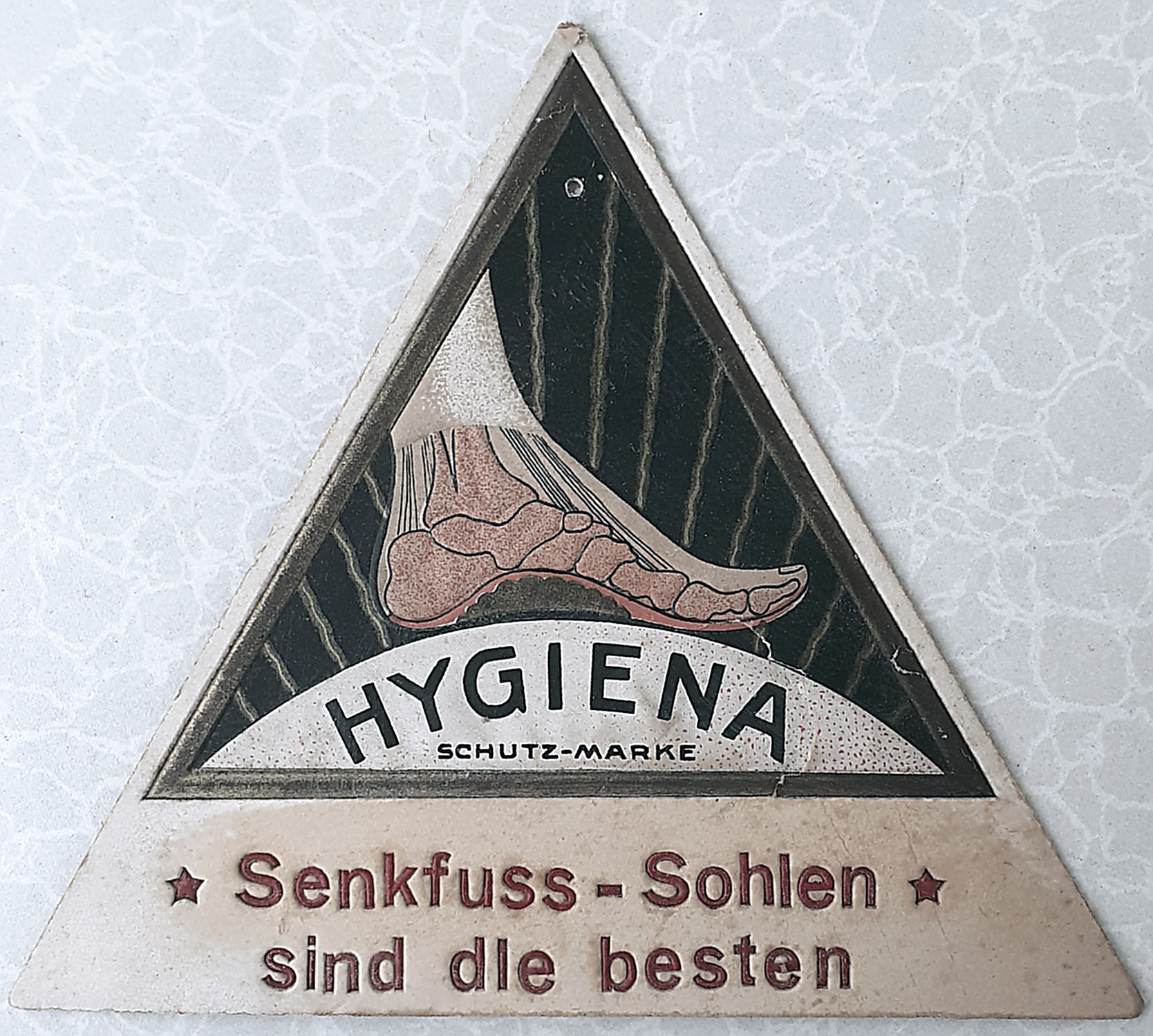 Hygiena Senkfuss-Sohlen Pappschild - alte Originale