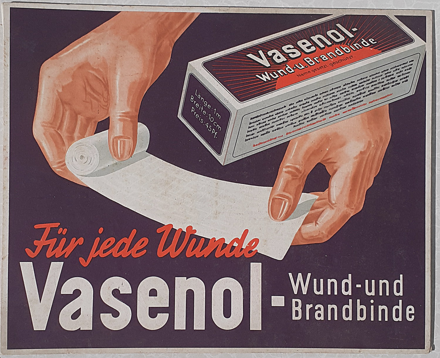 Vasenol - Wund und Brandbinde Pappschild - alte Originale