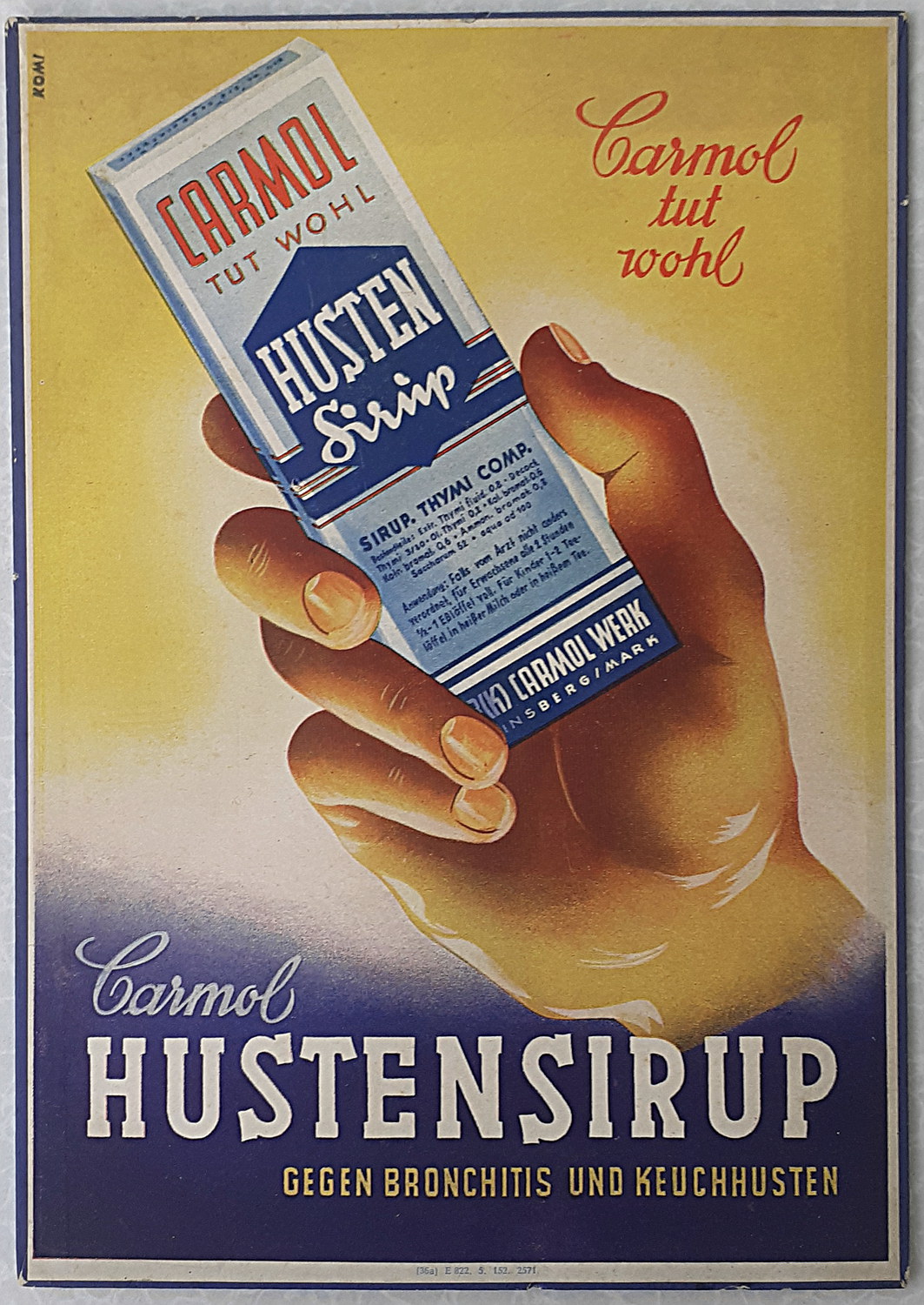Carmol Hustensirup Pappschild - alte Originale